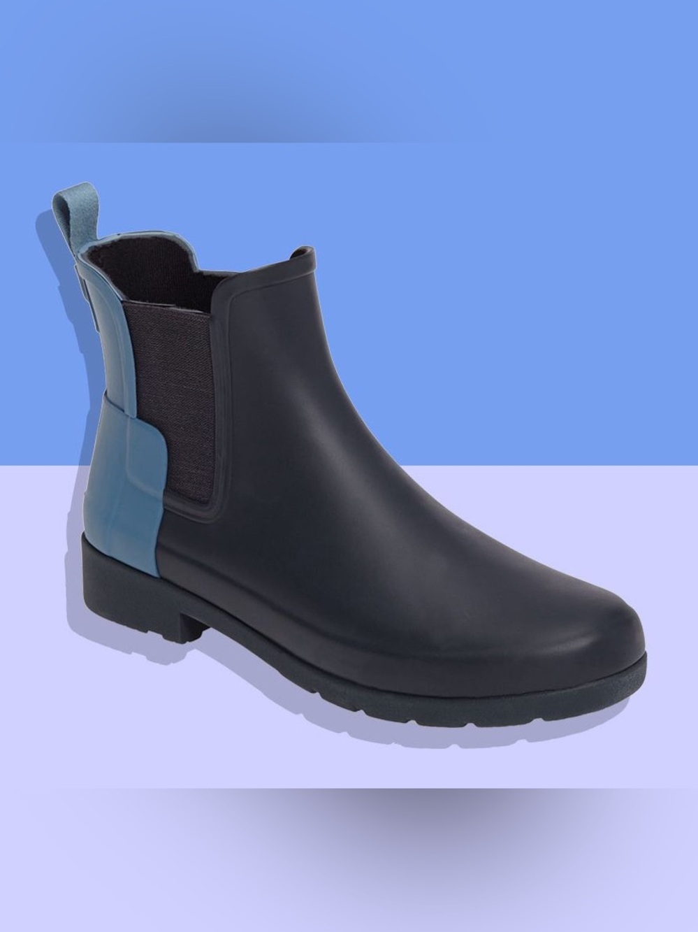 Hunter Women's navy two tone Chelsea Rain Boot with Blue Heel Accent